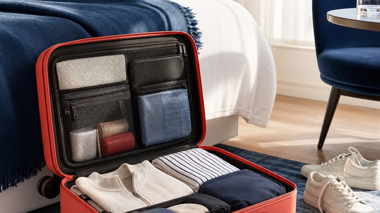 Coral Kite & Tide carry-on in a bright hotel room