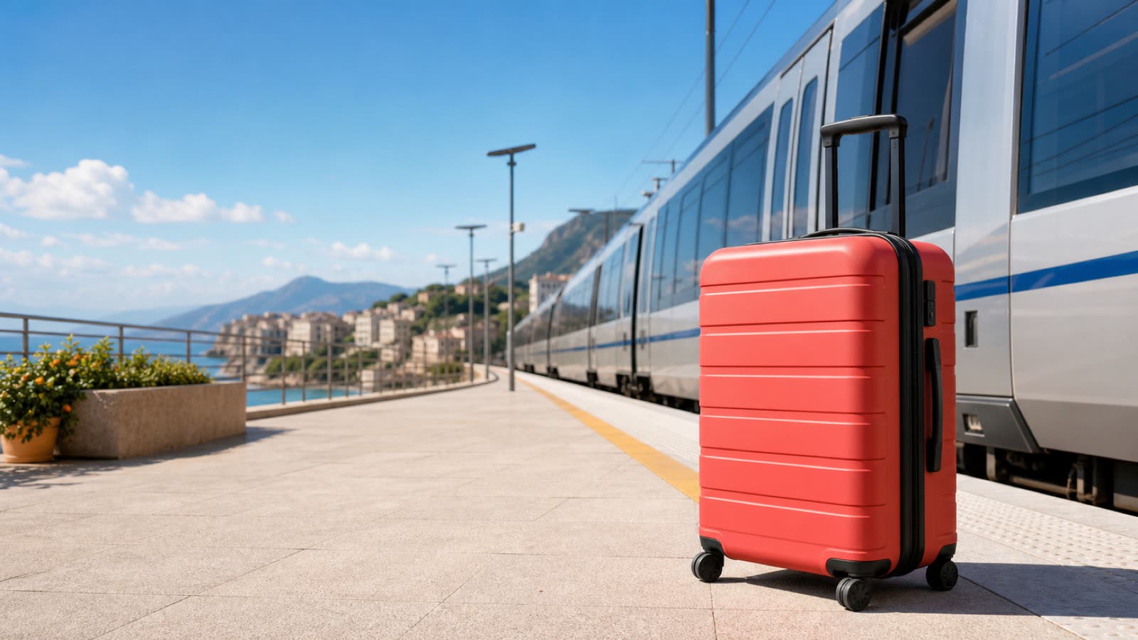 A coral carry-on in a bright travel setting, created for the fictional Kite & Tide campaign